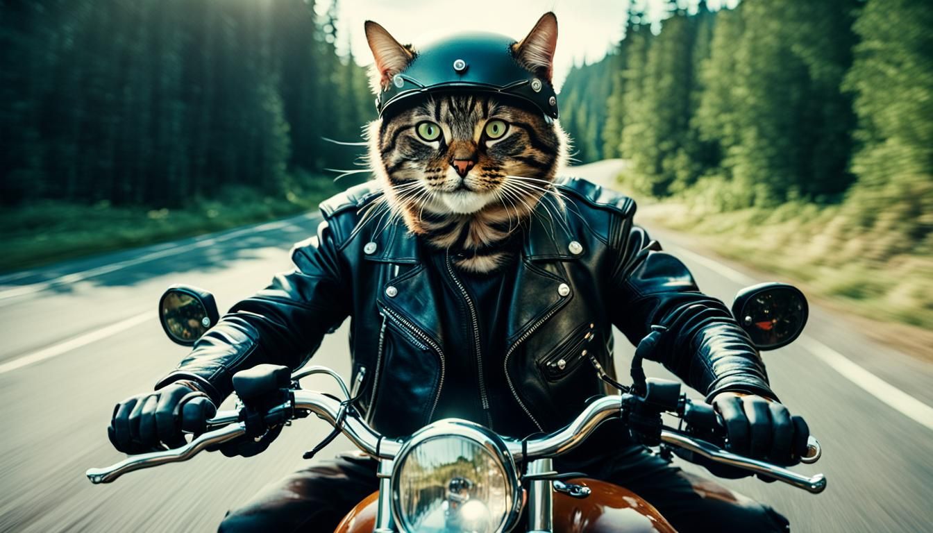 Cat in Leather Driving a Motorcycle: Cinematic Still