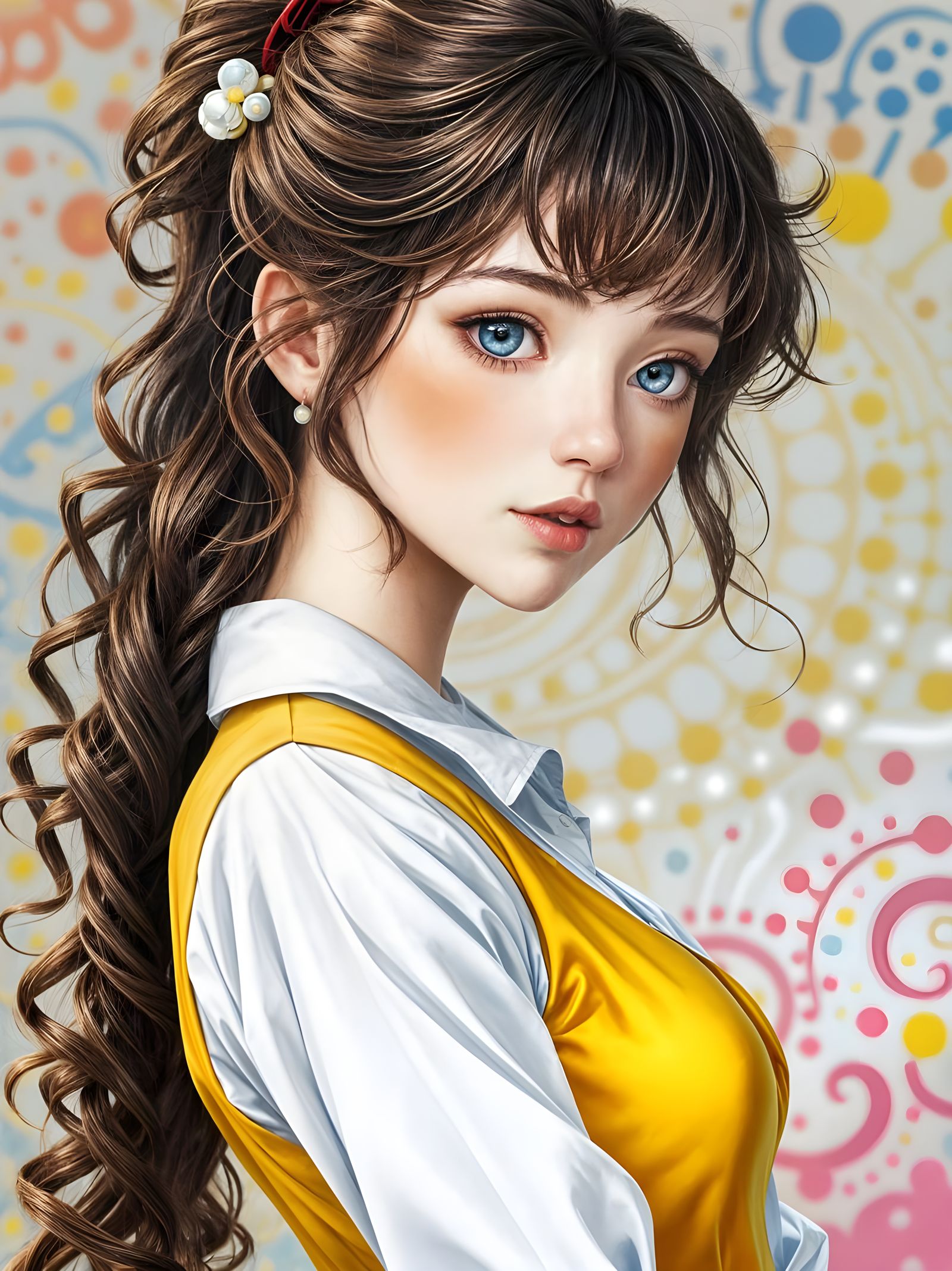 Elegant Girl in Yellow and White Dress with Intricate Pearls