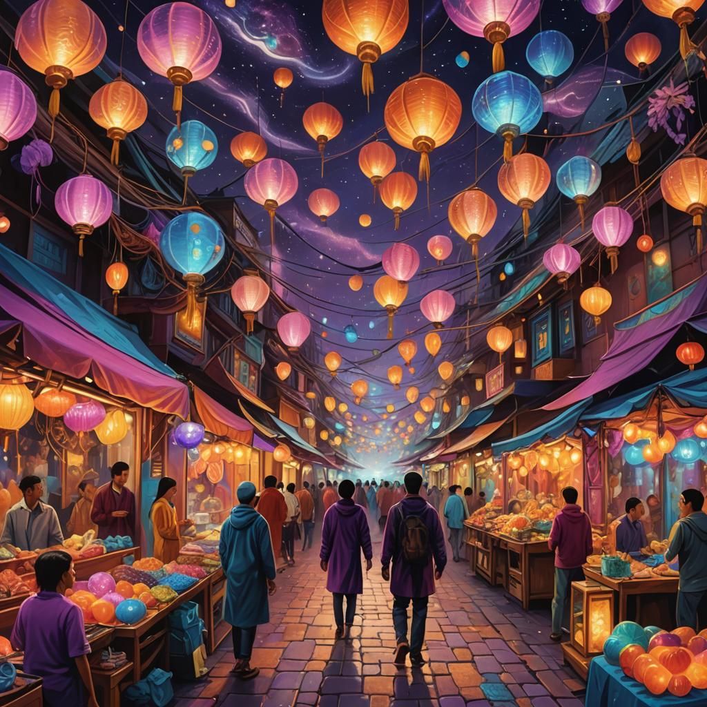 Vibrant Night Market on Distant Planet, Mystical Realism