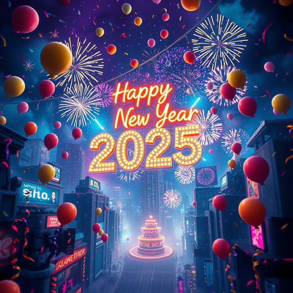 Whimsical New Year Cityscape in a Fantastical, Detailed Styl...