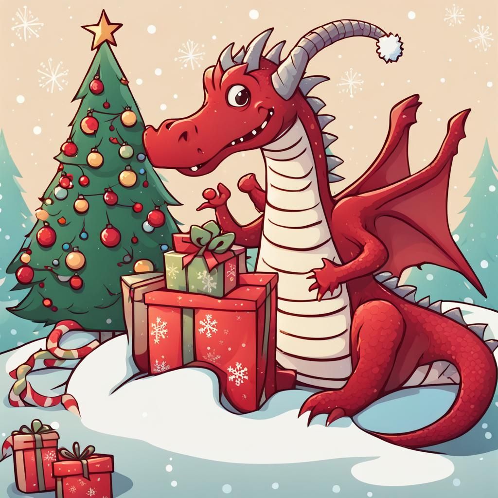 Festive Dragon Celebrates Christmas: Whimsical Illustration