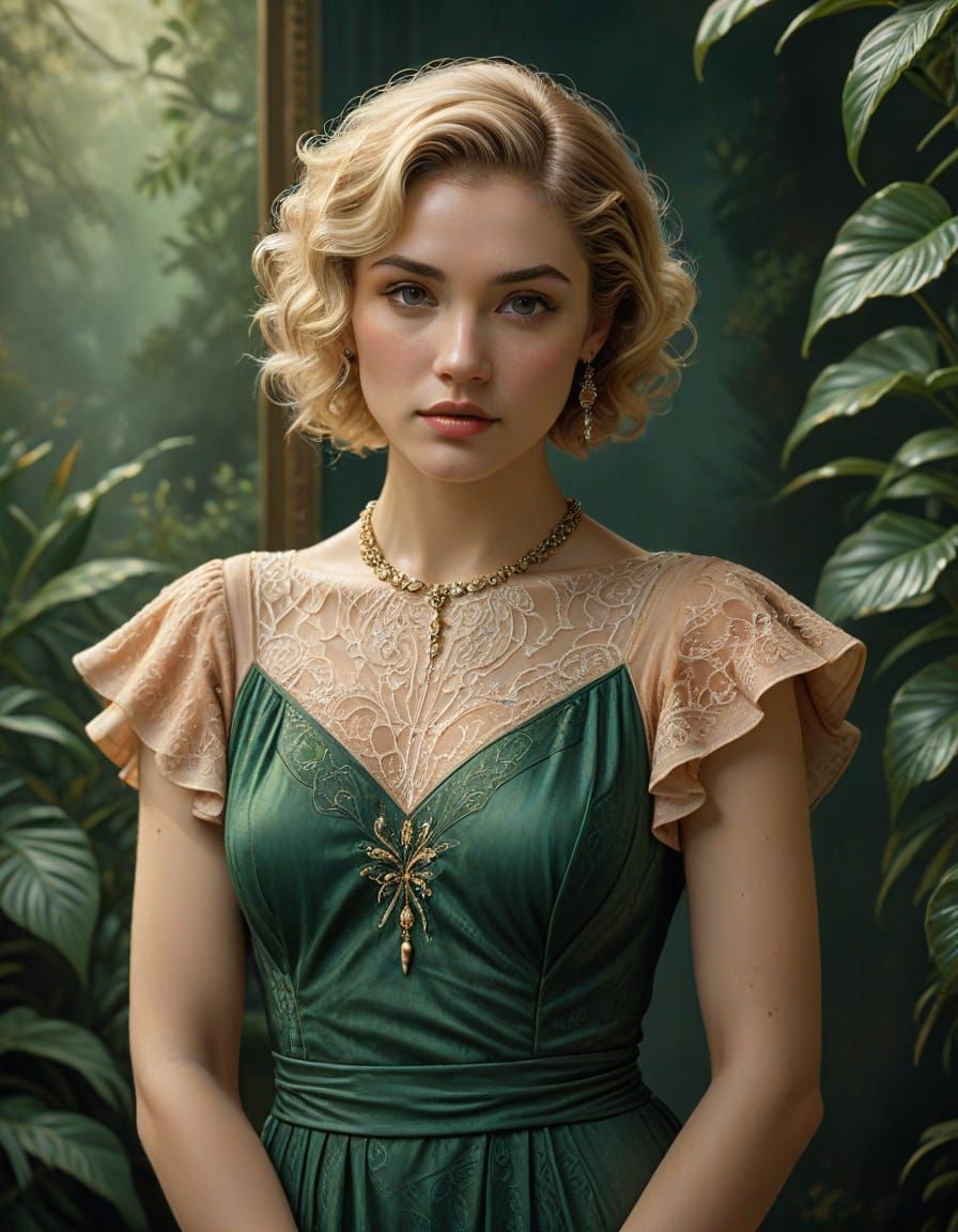 Blonde Woman in Peach Dress, Art Deco Oil Painting