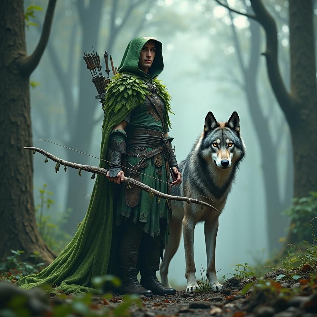 Elf Ranger in Misty Forest, Dark Fantasy Style
