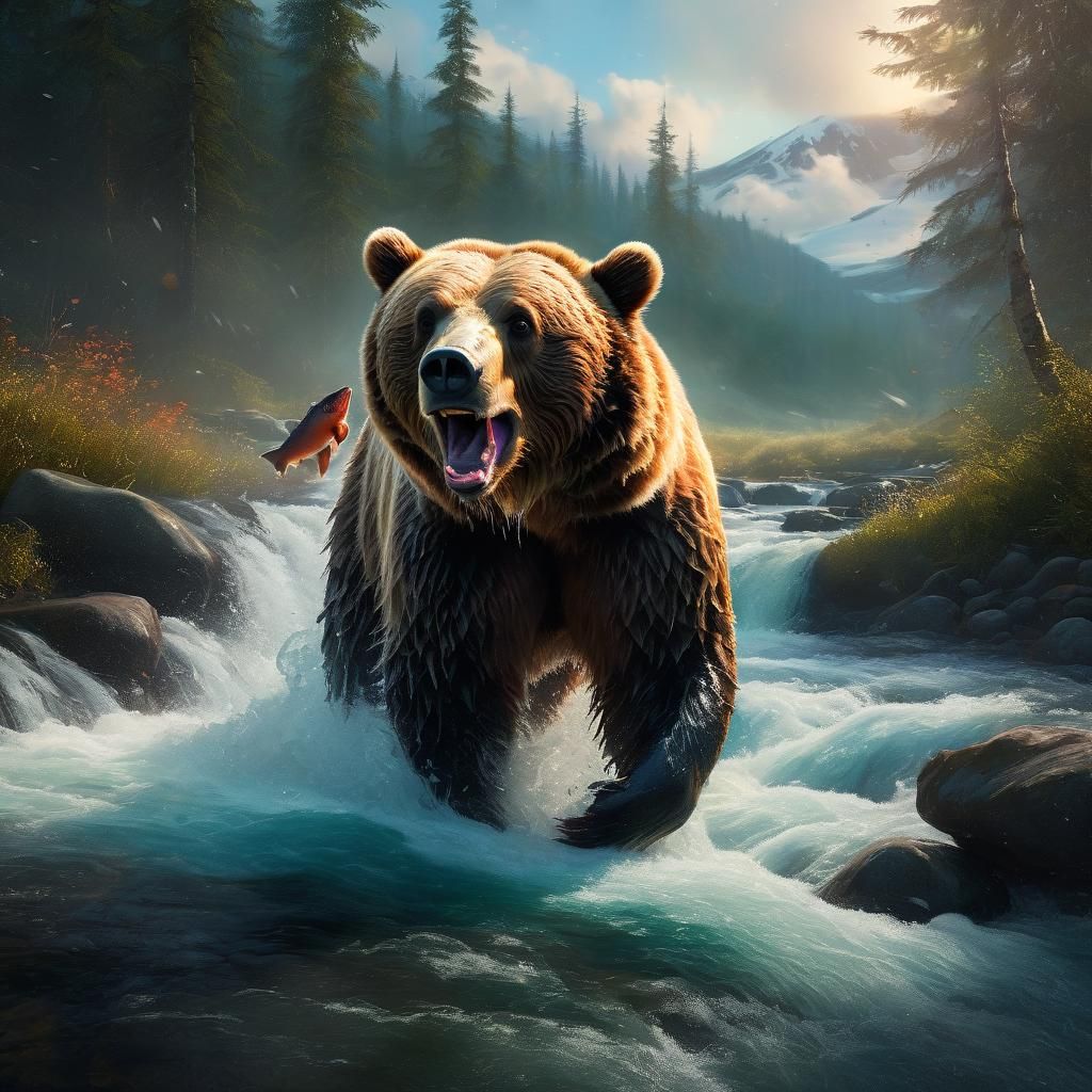 Bear Catching Salmon in Alaska, Pixar-Style 3D Art