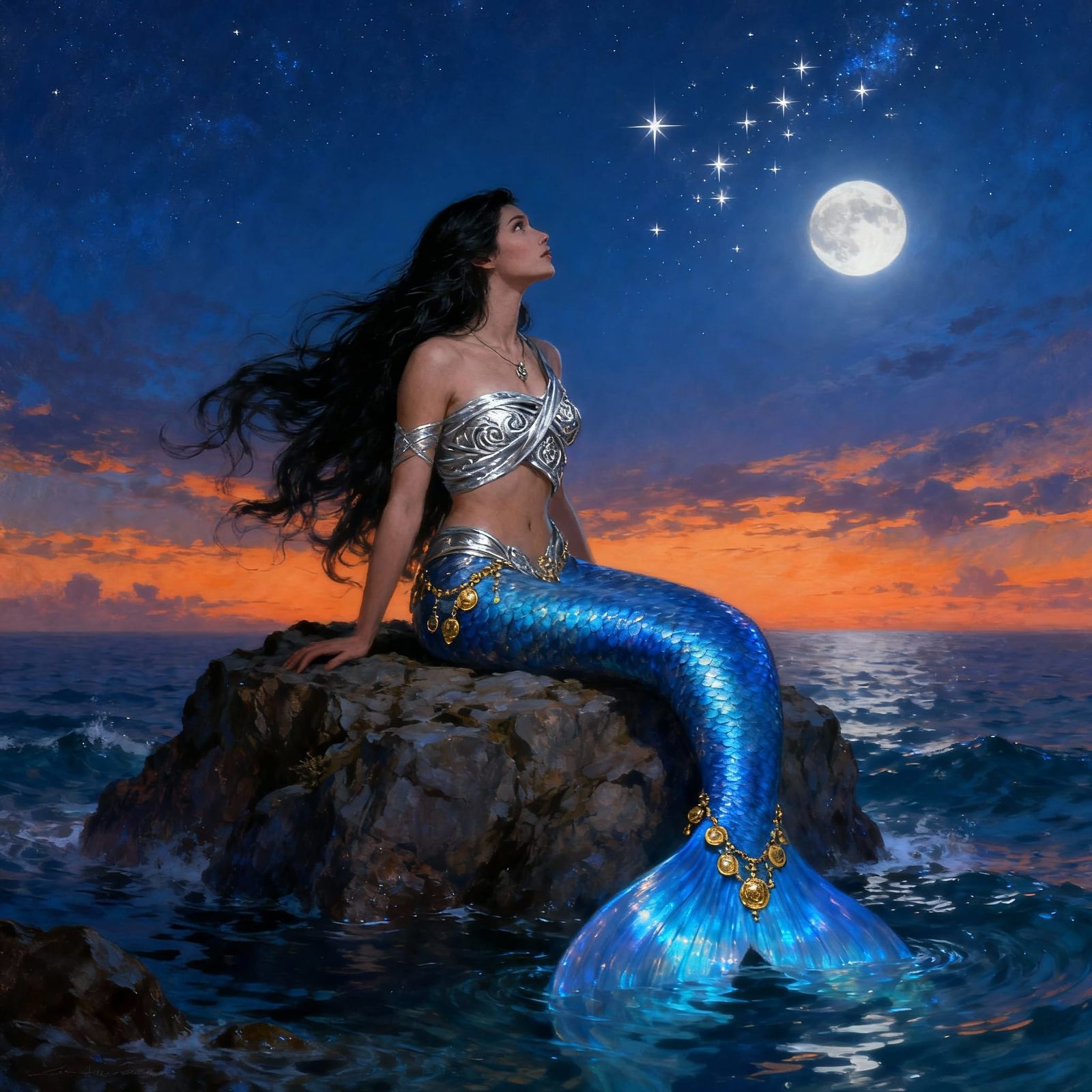 Siren Warrior Gazing at Stars in Ethereal Moonlight