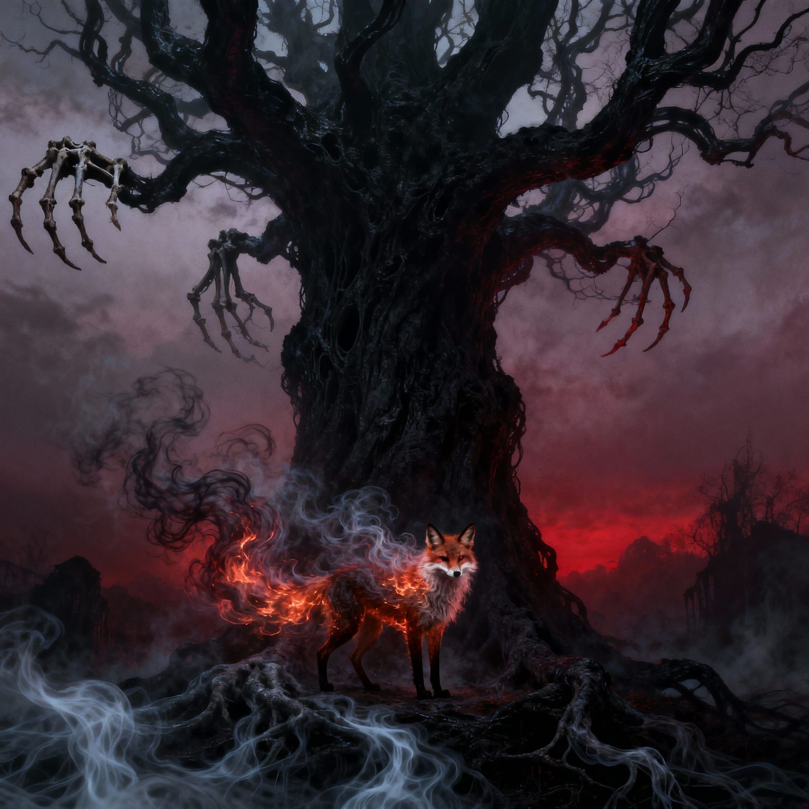 Spectral Fox Guards Ancient Tree in Gothic Style