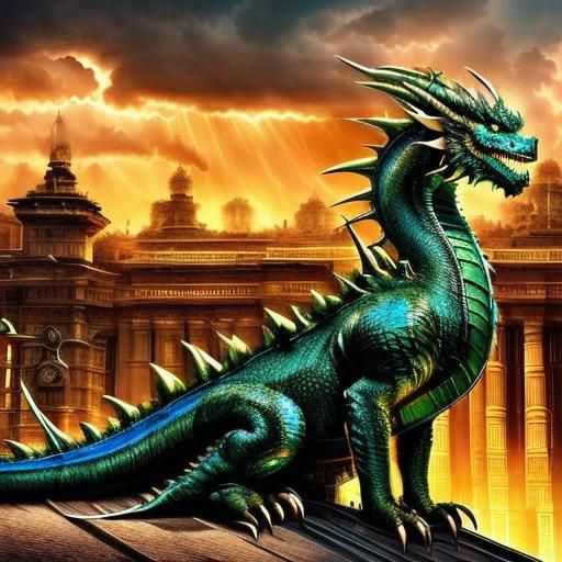 Iridescent Dragon in Art Deco Cityscape