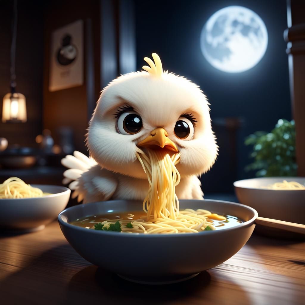 Chibi Chicken Enjoys Noodle Soup: 3D Render