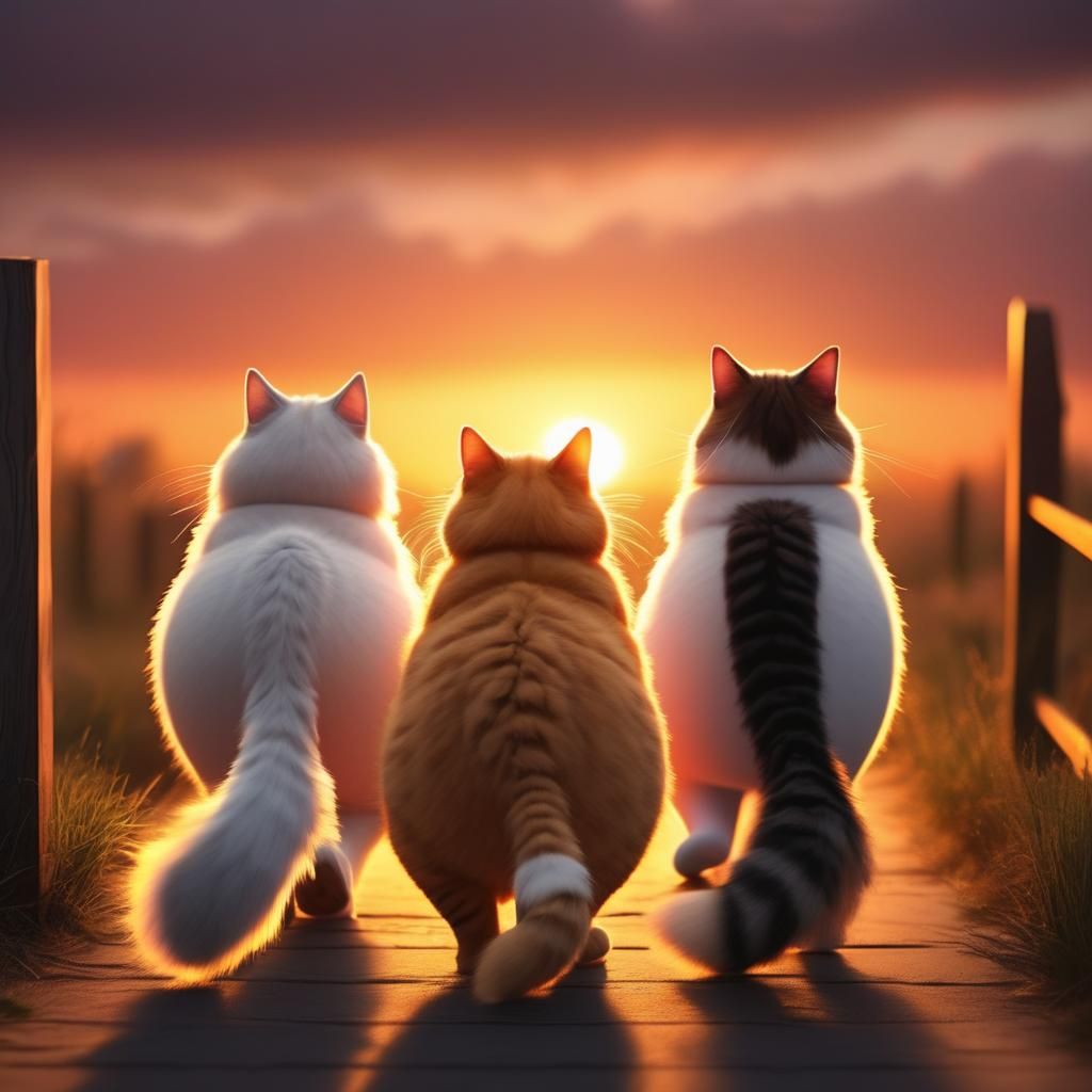 Furry Fat Cats Admire a Beautiful Sunset