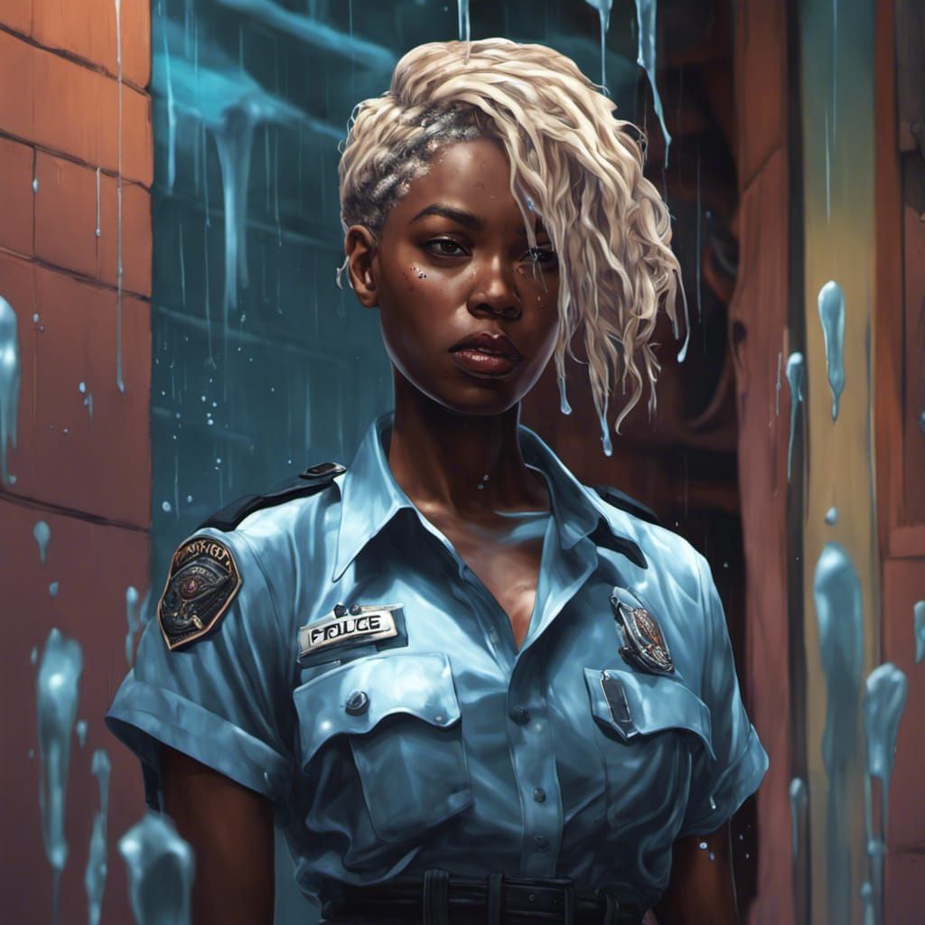 Hyperrealistic Policewoman in Steamy, Colorful Setting