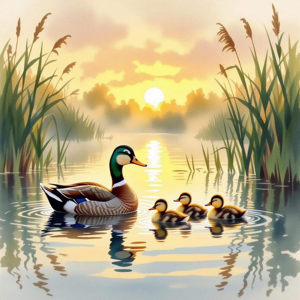 Mother Duck and Ducklings in Serene Sunrise Pond