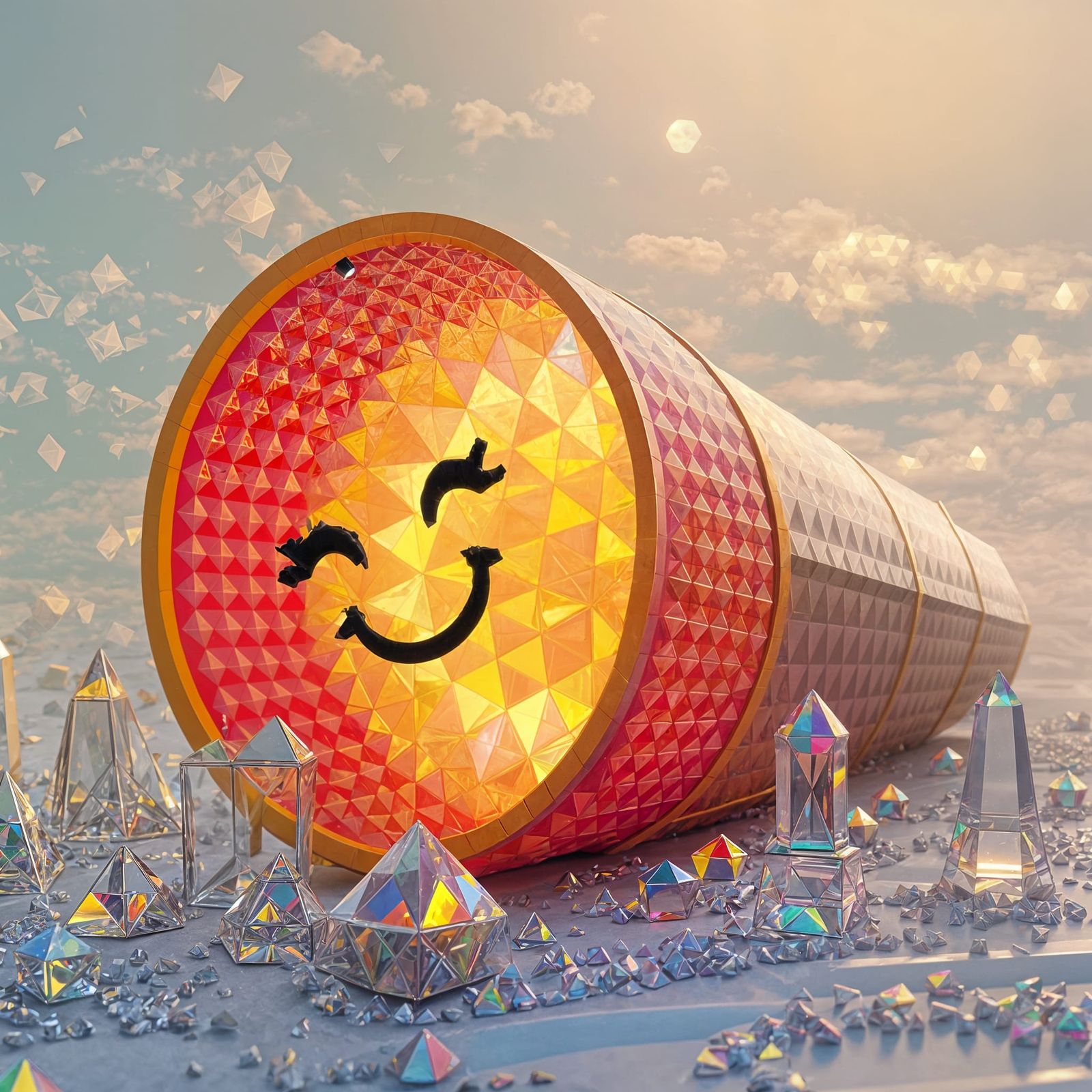 Colossal Prism Pyramid with Smiling Face in CGI Diorama Styl...