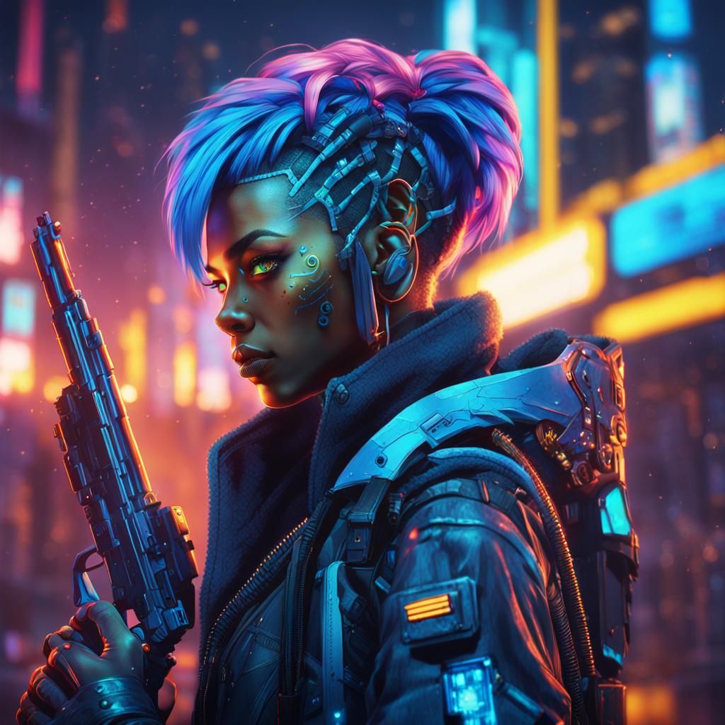 Cyberpunk Anime Sharpshooter Portrait in Neon Cityscape