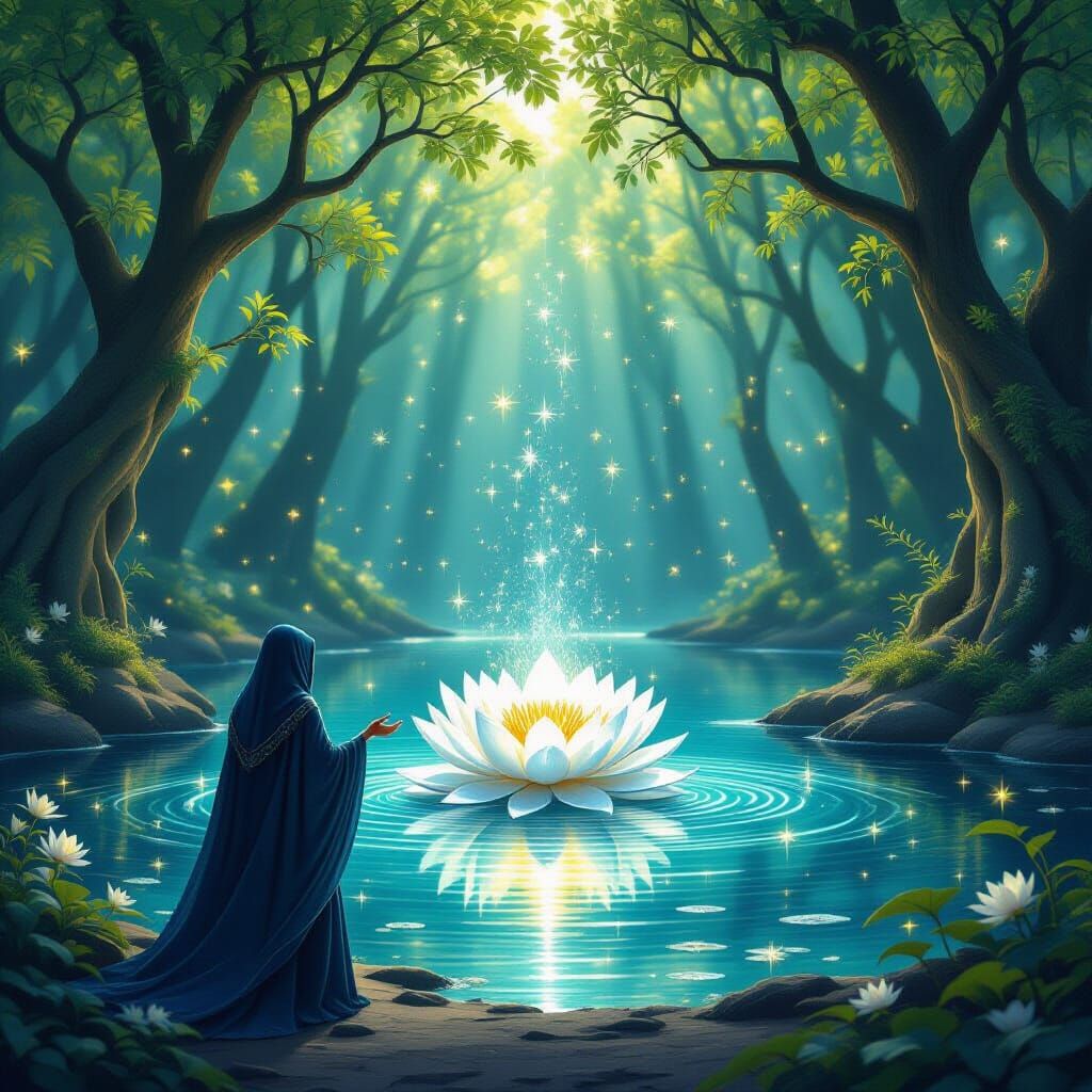 Ancient Luminous Forest With Fairies and Silver Lotus