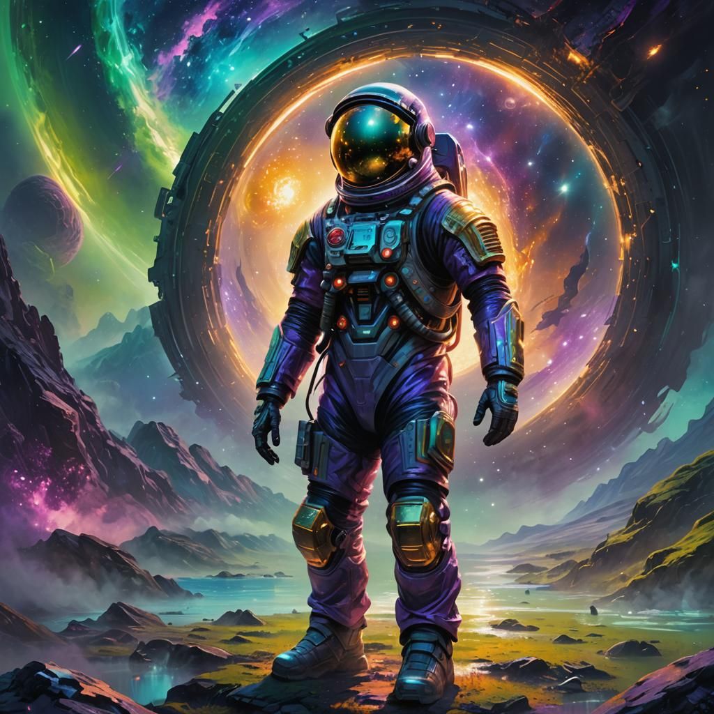 Astronaut and Glowing Portal in Vibrant Oil Painting Style