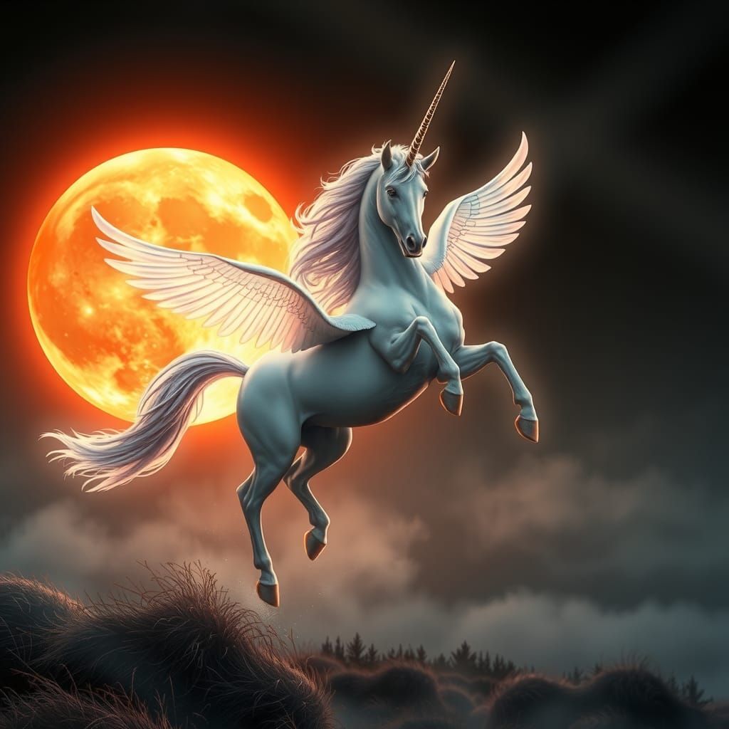Unicorn Soaring Over Haunted Landscape in Dreamy Style