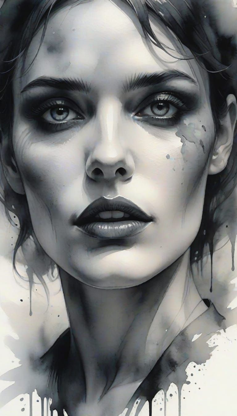 Mysterious Black and White Portrait with Watercolor Mist