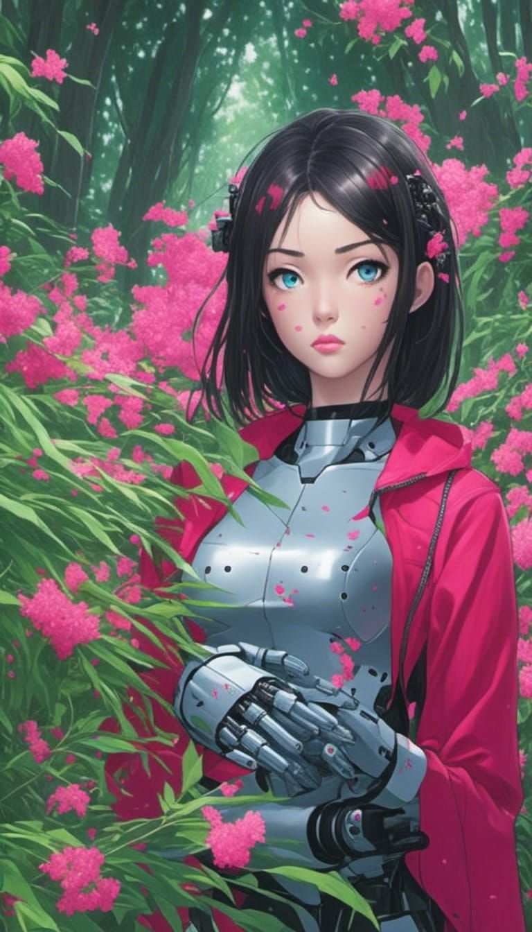 Japanese Human-Robot Hybrid Portrait with Swirling Colors