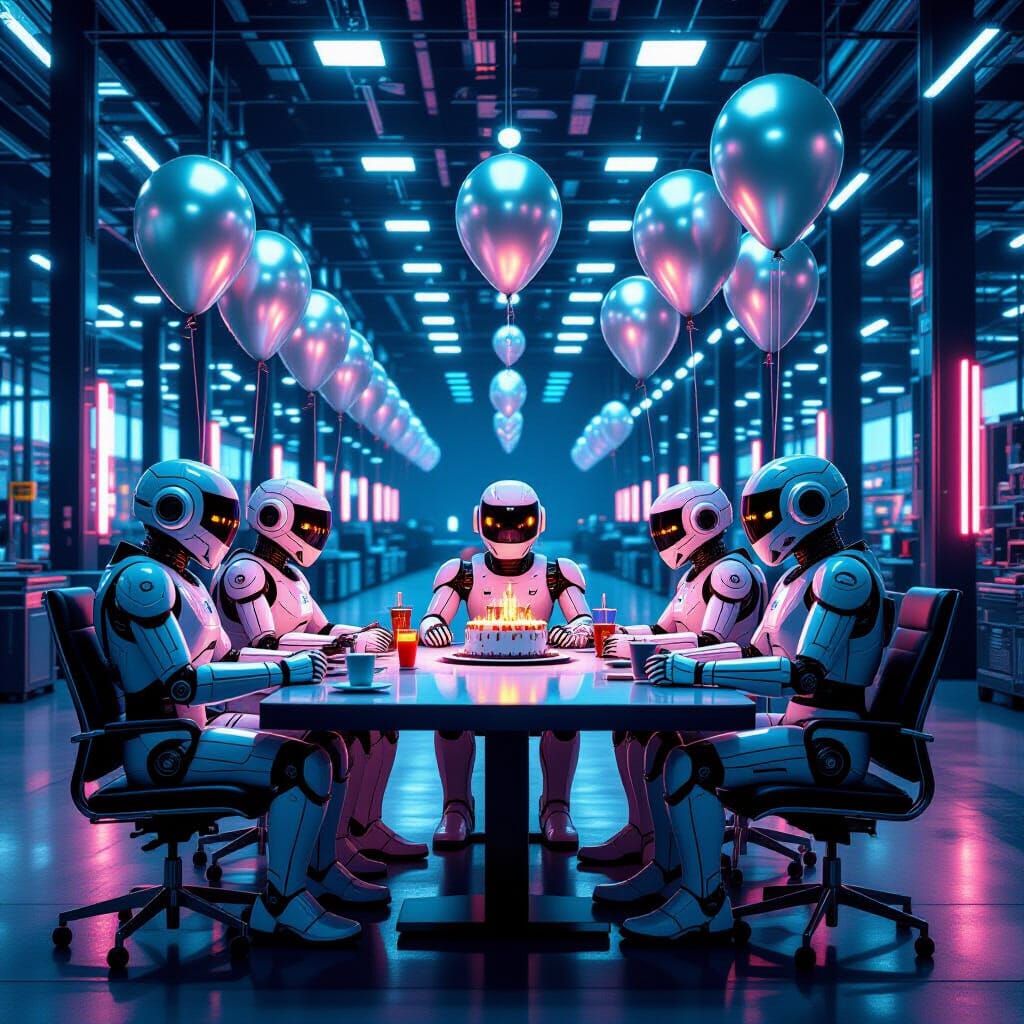 Robots Celebrate Birthday in Futuristic Cyberpunk Warehouse