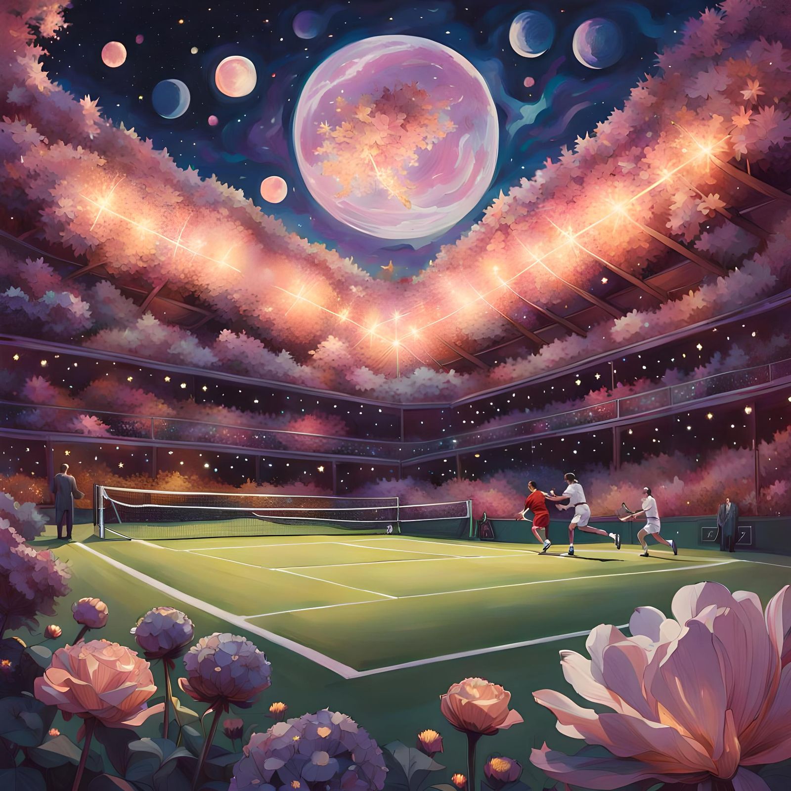 Hyper-Realistic Space Tennis Match in Painterly Style