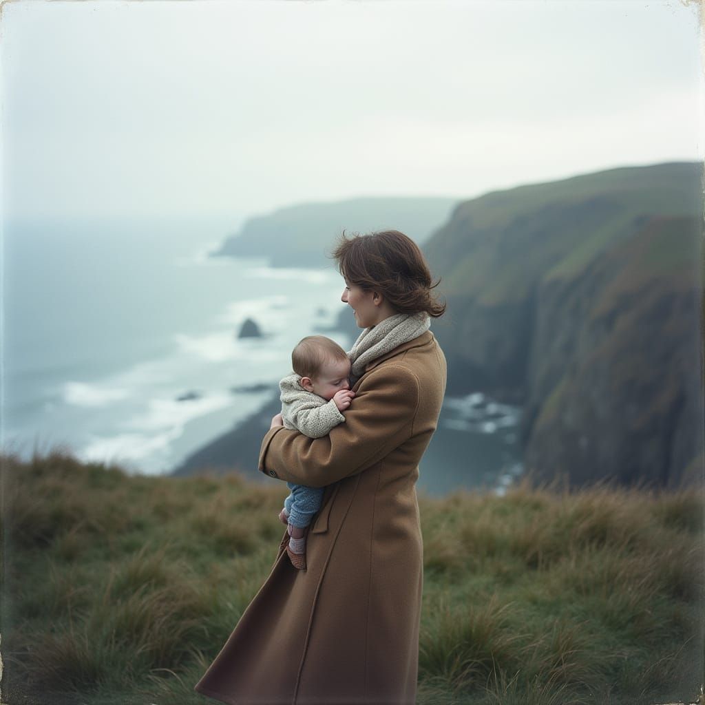 Vintage Irish Coastline: Woman and Child on Cliff