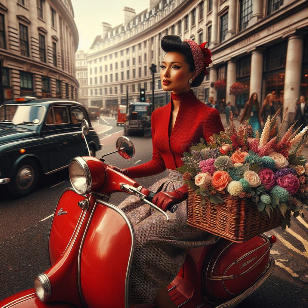 A hot valentine pin-up girl on a red creamy scooter in the s...