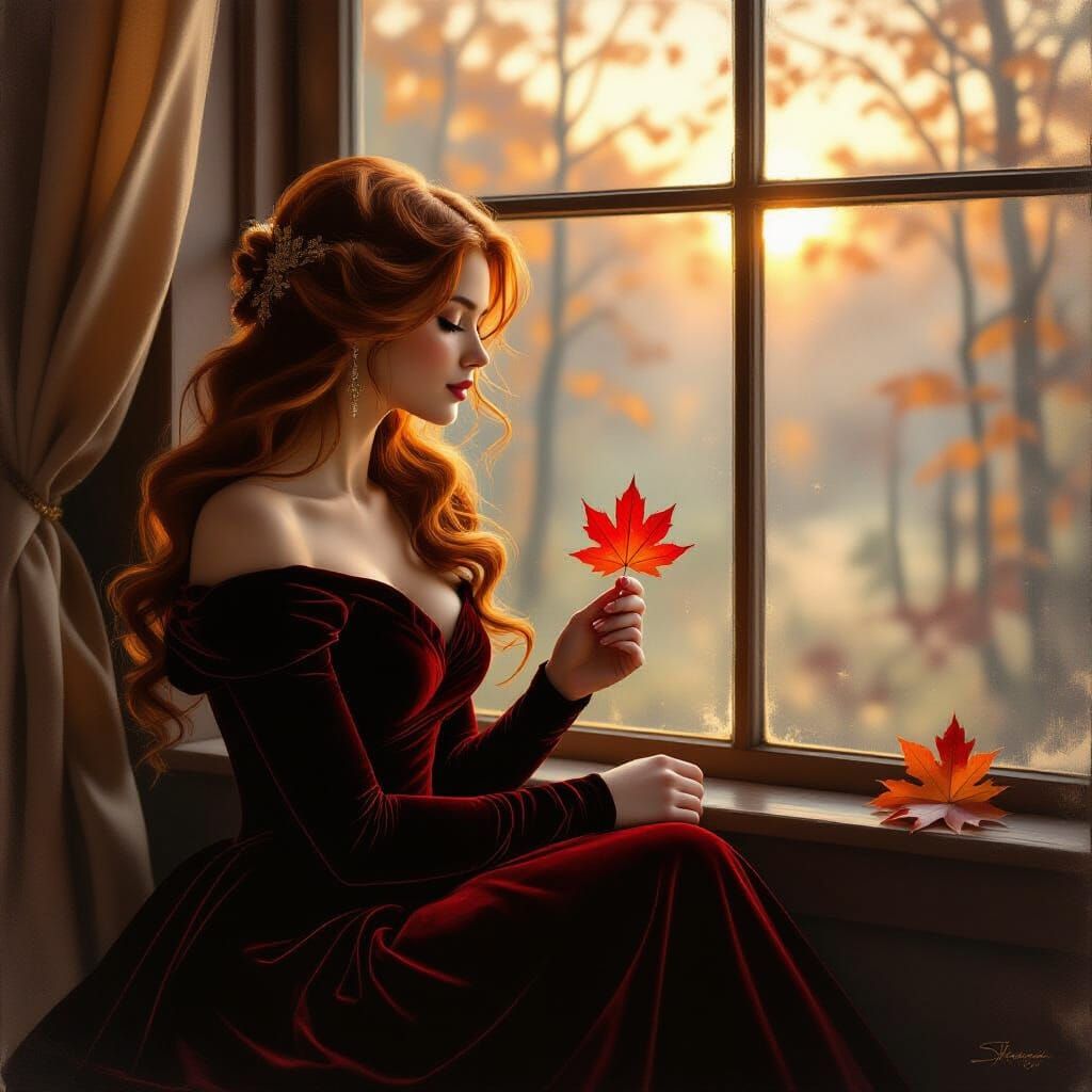 Woman in Velvet Gown by Autumn Window
