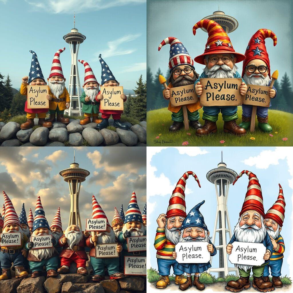 Gnomes Protest at Space Needle with Asylum Signs