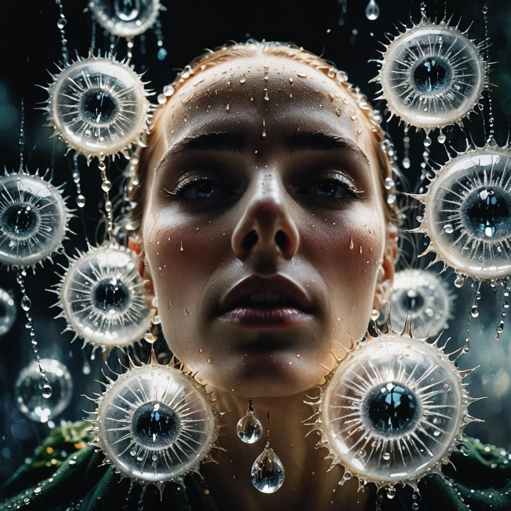 Surreal Dew Drops on Eyelashes in Watercolor