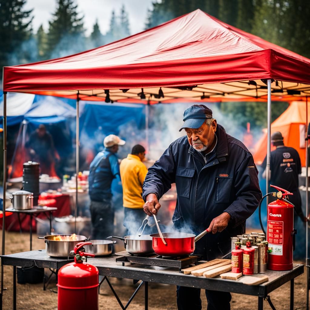 Vendor Cooking Under Tent: Realistic Professional Photograph...