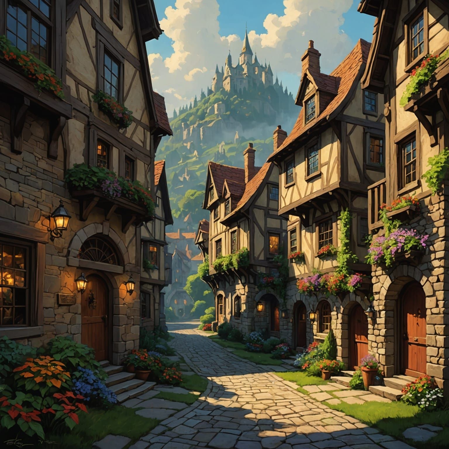 Idyllic Village Scene in Kinkade Style