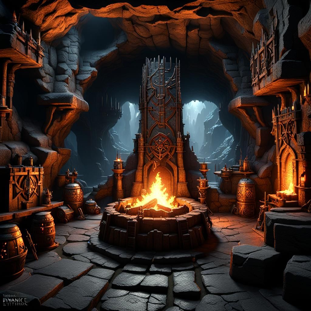 Dwarven Forge in Cave, Dark Fantasy Concept Art
