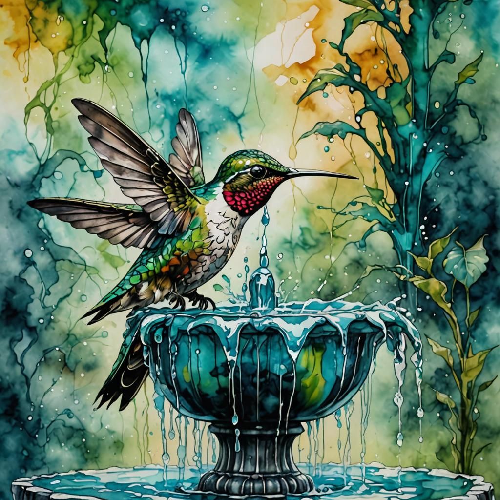 Hummingbird and Fountain in Alcohol Ink Style