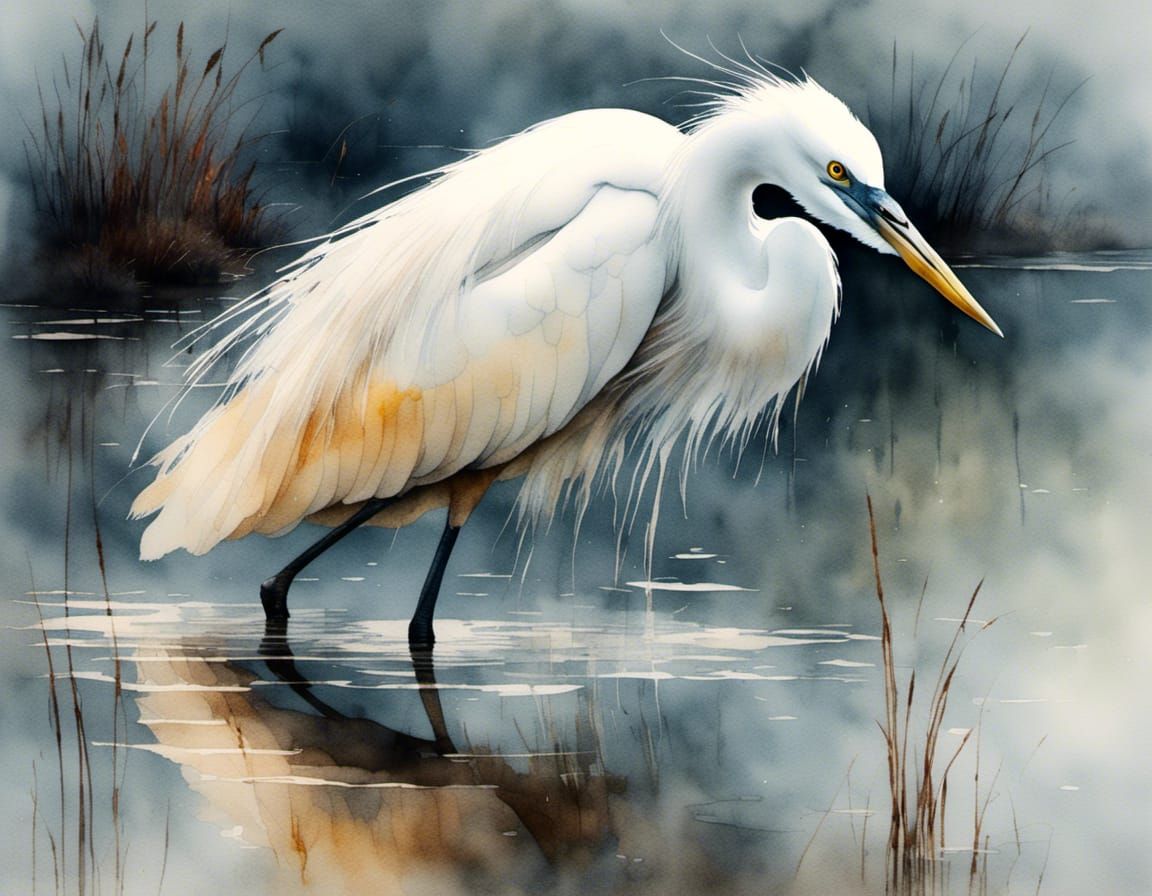 Snowy Egret in Misty Pond, Venetian Plaster Style