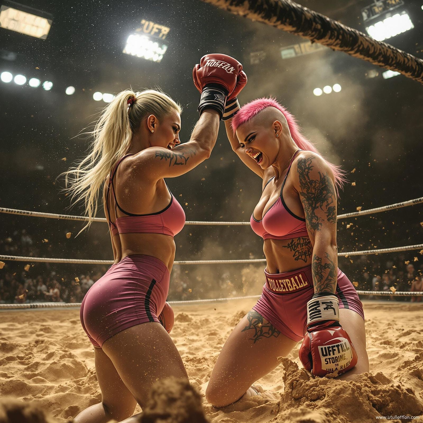 Photorealistic image of blond hair female boxer and another ...
