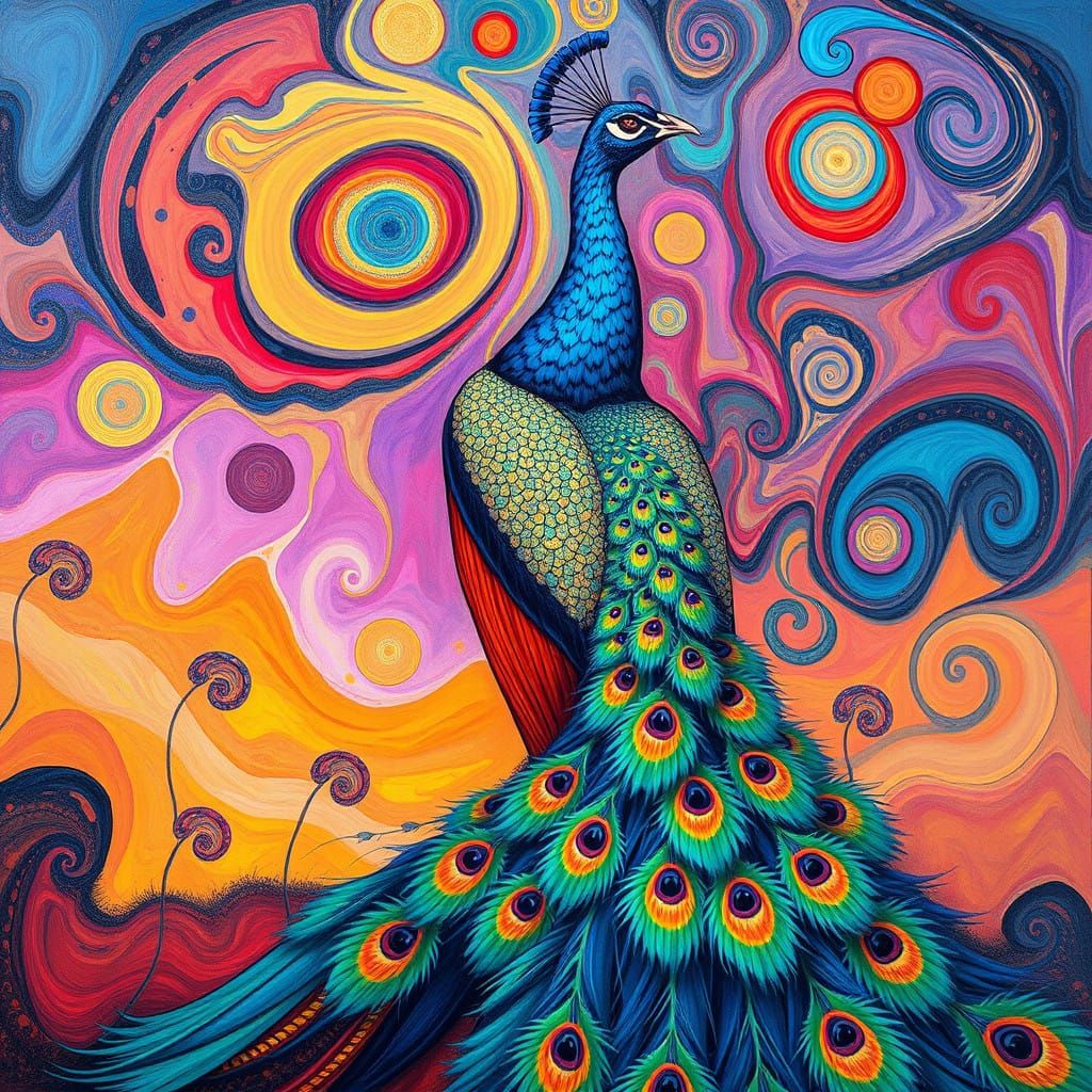 Surrealistic Peacock in Vibrant, Swirling Patterns and Melti...