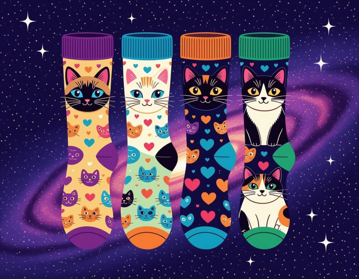 Colorful Cat Socks in a Galaxy Background