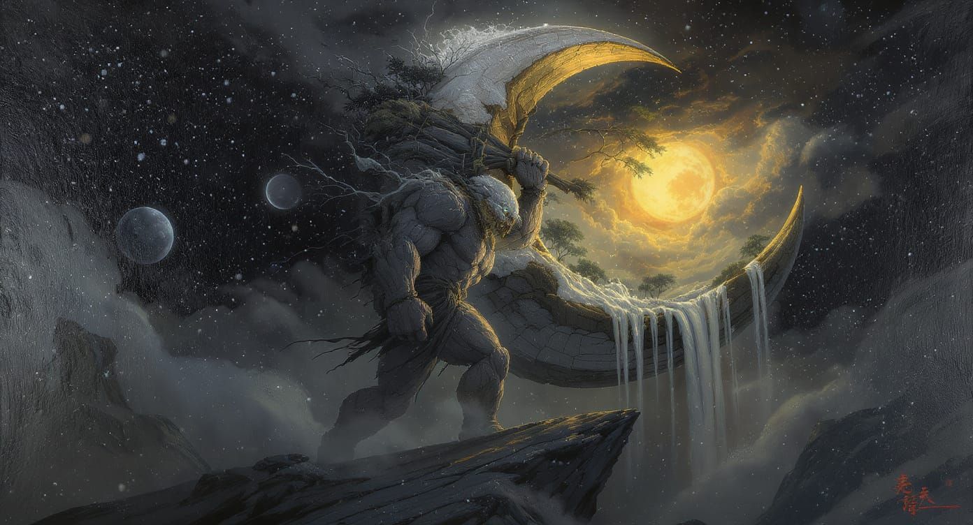 Stone Giant Carrying Crescent Moon Landscape
