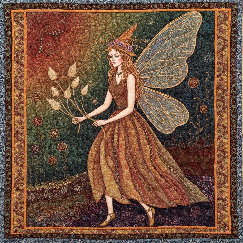 Mystical Fairy Spring Folklore Quilt in Folk Art Style
