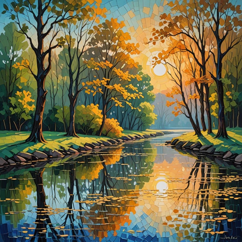 Sunset at Riverside Park: Neo-Impressionist Oil Painting