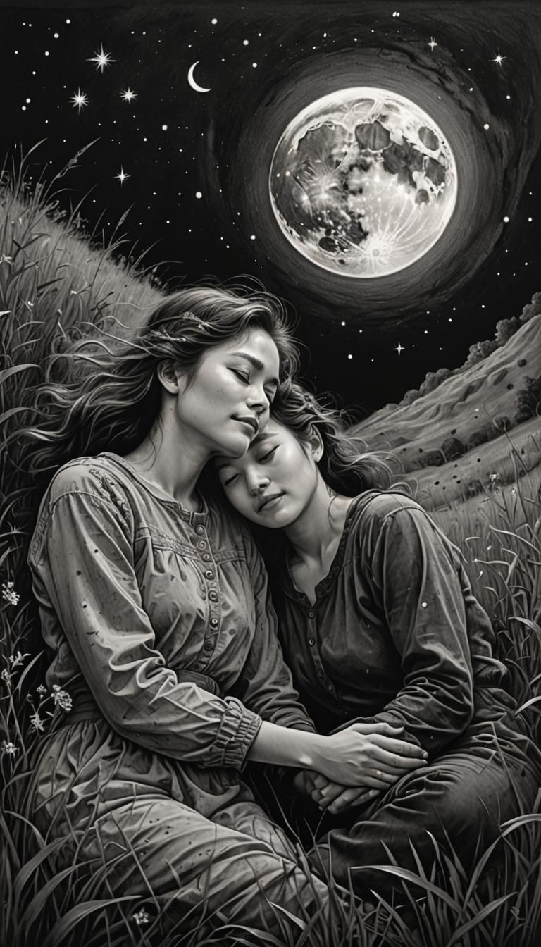 Lovers Gaze at Smiling Moon in Charcoal Drawing