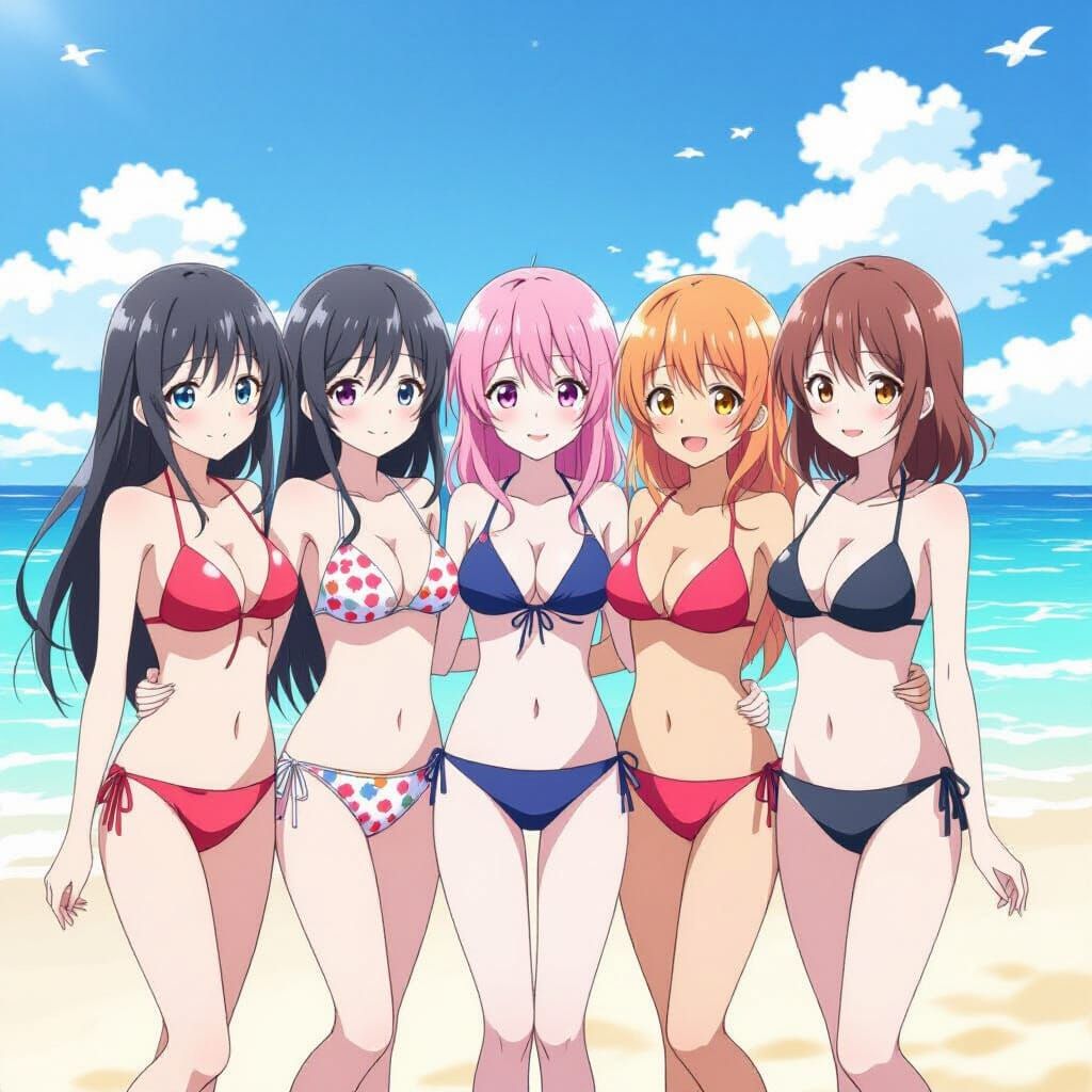Cute Anime Girls on Sunny Beach in Vibrant Style
