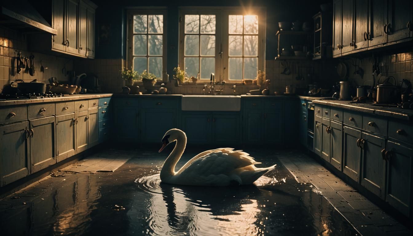 Swan in Mystical Kitchen at Twilight
