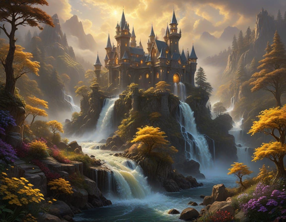 Magical Fairytale Castle Amidst Misty Waterfalls