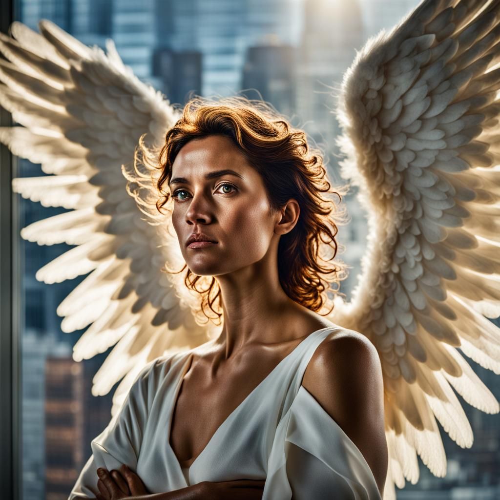 Vibrant Portrait of Nude Angel in Office