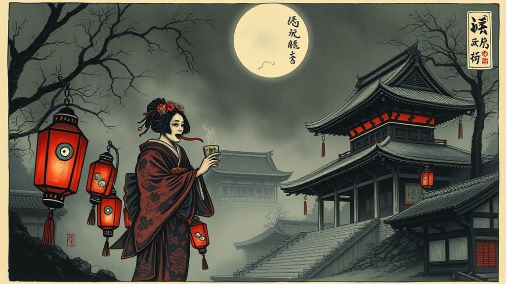 Macabre Geisha in Traditional Japanese Horror Woodblock Prin...