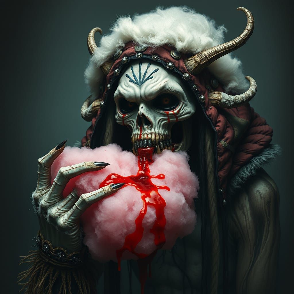 Surreal Horrorcore Wendigo Devours Blood-Red Cotton Candy