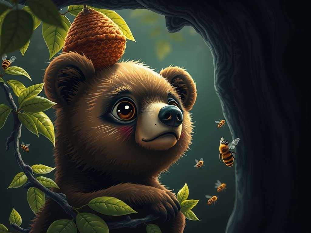 Dreamy Bear Cub and Beehive Fantasy Illustration
