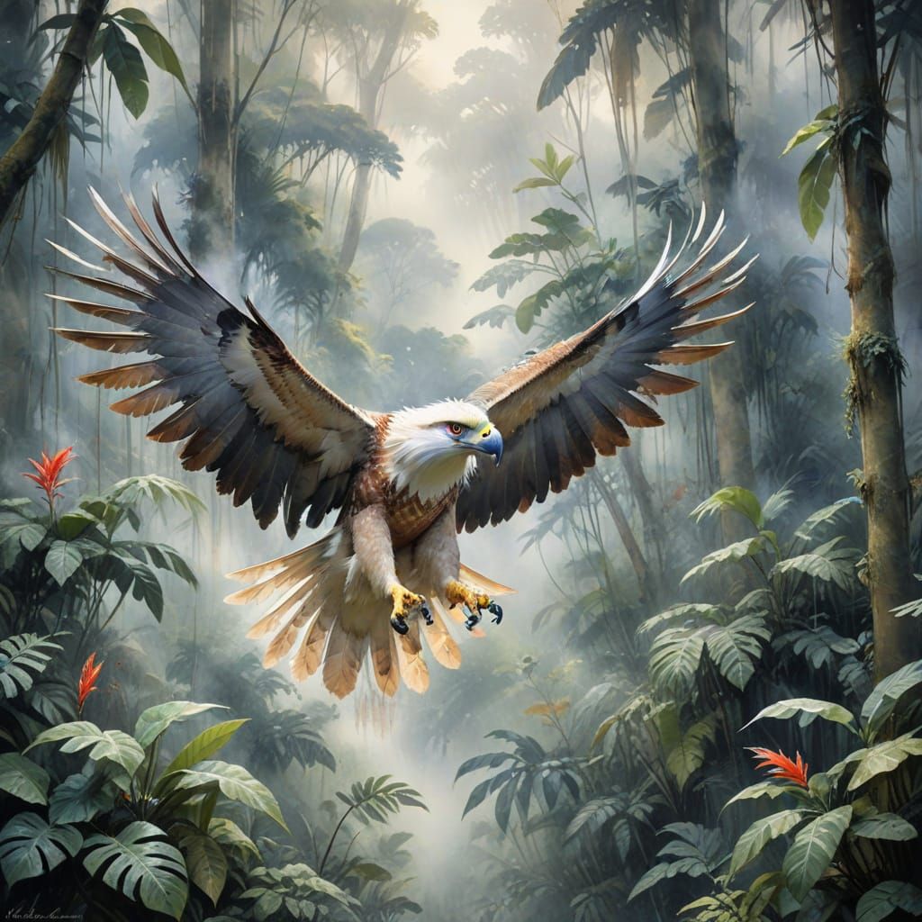 Philippine Eagle Gliding Through Rainforest Canopy