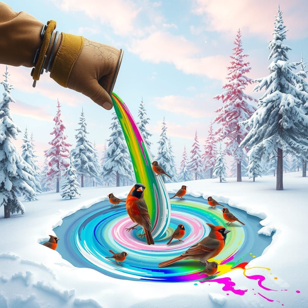 A colossal hand pours paint from an ancient paint can, weath...